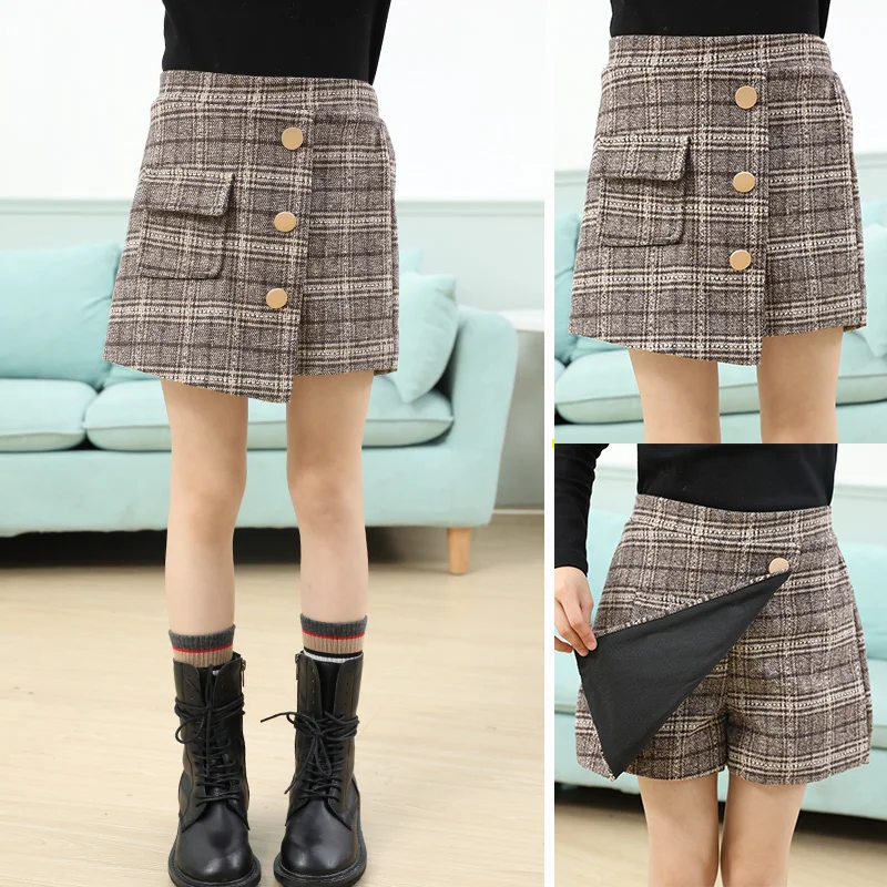 Girls Plaid Woolen Skirt 2022 Winter Autumn Baby Girl Princess Skirt Kids Plaid Tweed Plush Skirt 4-14 Years Tennis Skirt