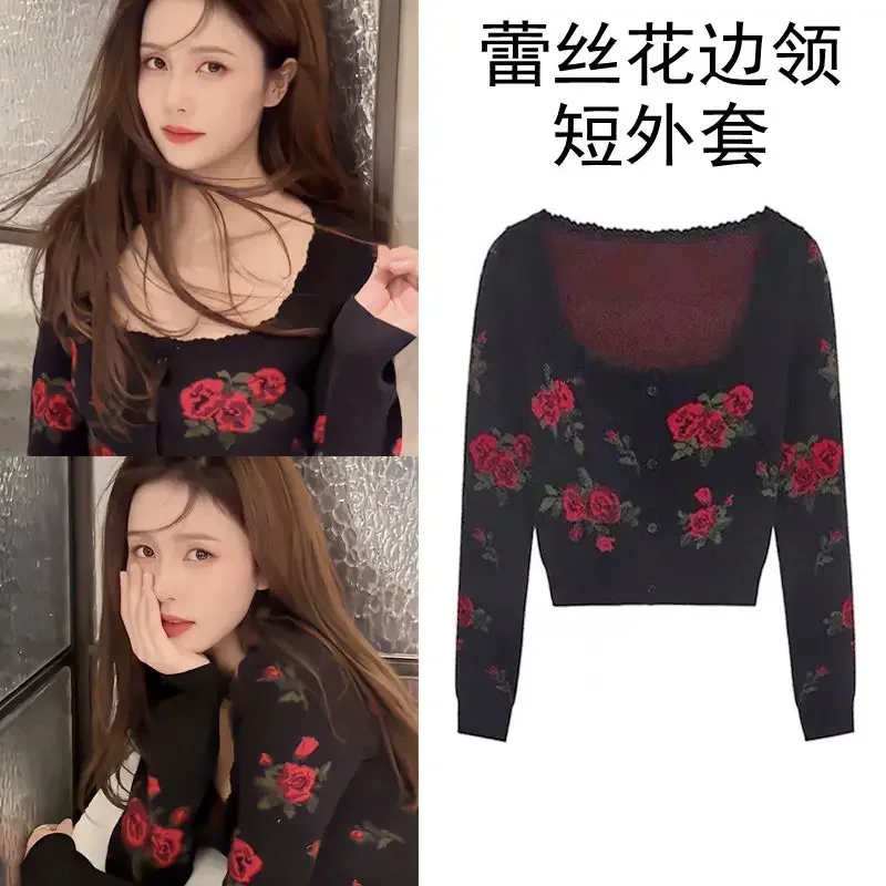 Maillard Jacquard Knitted Cropped Cardigan Women\'s Autumn New French Vintage Lace Rose Flower Square Collar Sweater Short Coat