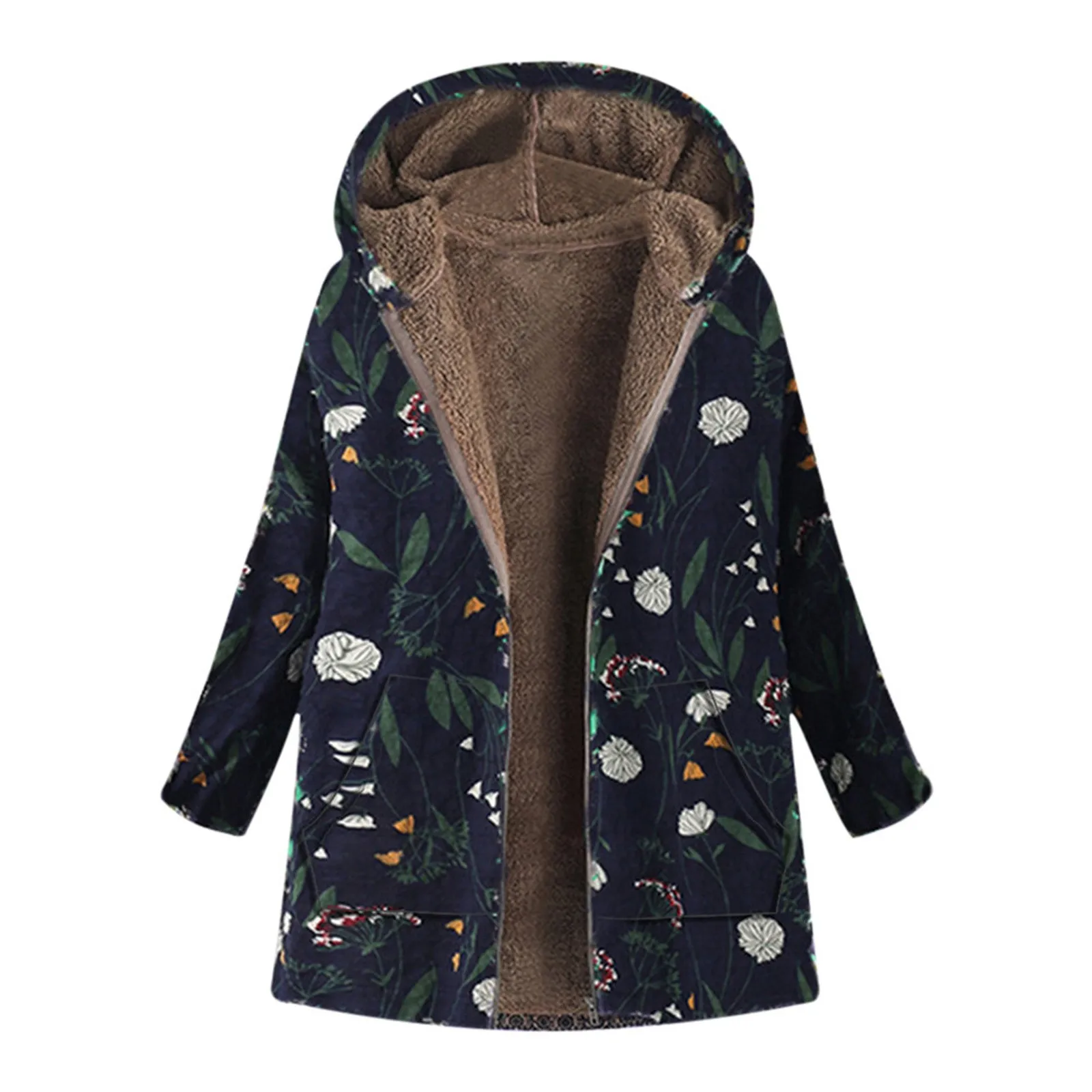 Ladies Long Sleeve Zipper Hooded Thick Composite Plush Vintage Flower Print Plus Size Hooded Jacket