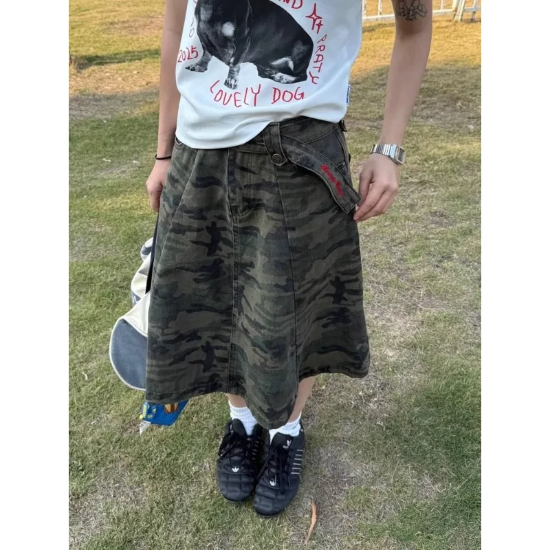 

Camouflage A-line Calf-length Skirt Women Young Girls Vintage Fashion Bottoms Female Summer High Waisted Loose Skirts