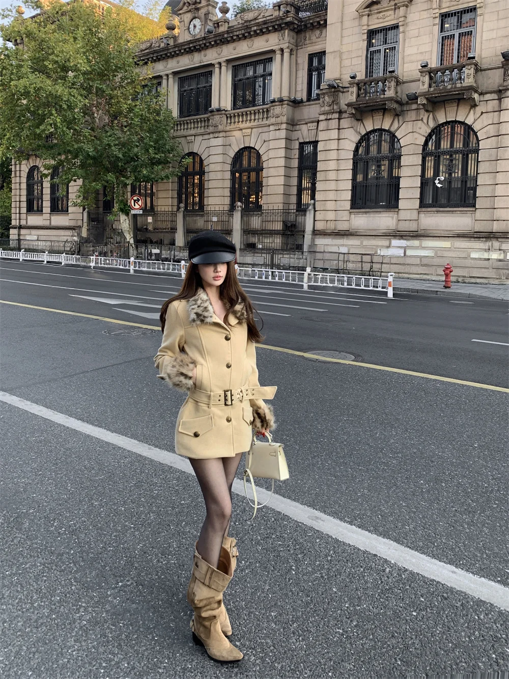 

Retro Collar Cotton Lined Woolen Coat Women's Casual Waist Cinched Outerwear Leopard Print Winter Jaet Commute Sle