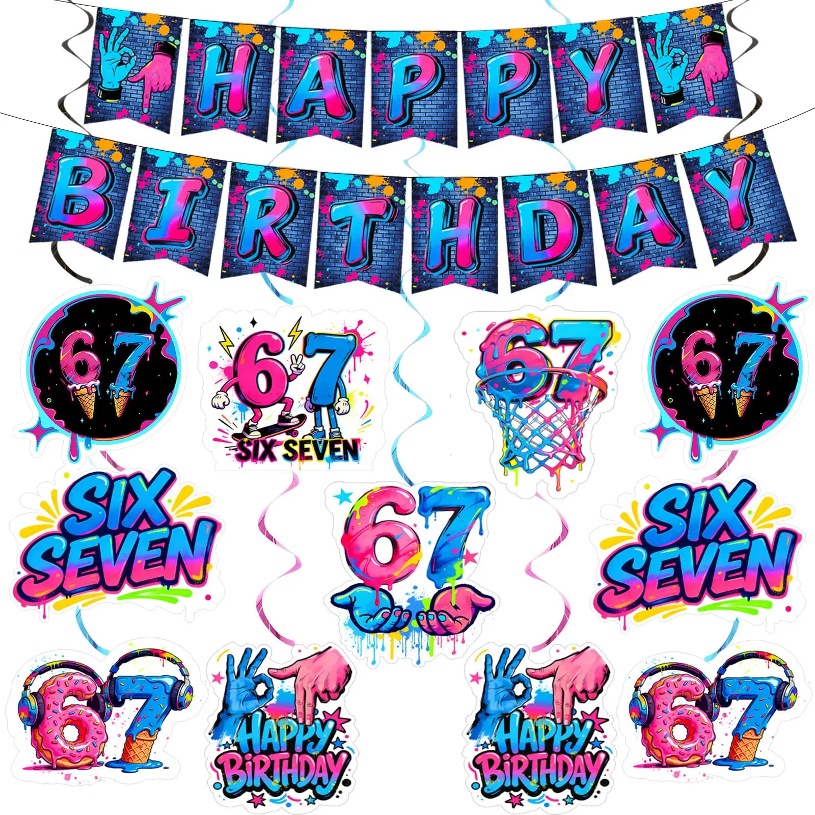 tinta-spray-graffiti-faixa-de-aniversario-de-67-anos-conjunto-de-topos-de-bolo-decoracao-de-festa-de-aniversario-estilo-neon-parede-de-tijolos-estilo-rua