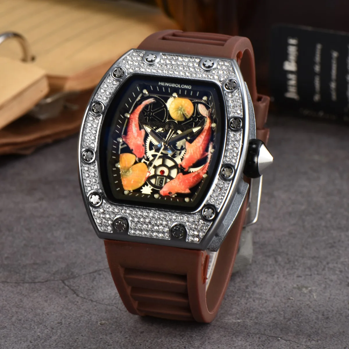 Diamond Barrel shaped colorful Three carp Multifunction functional Watch Silver quartz Watch Waterproof wholesale