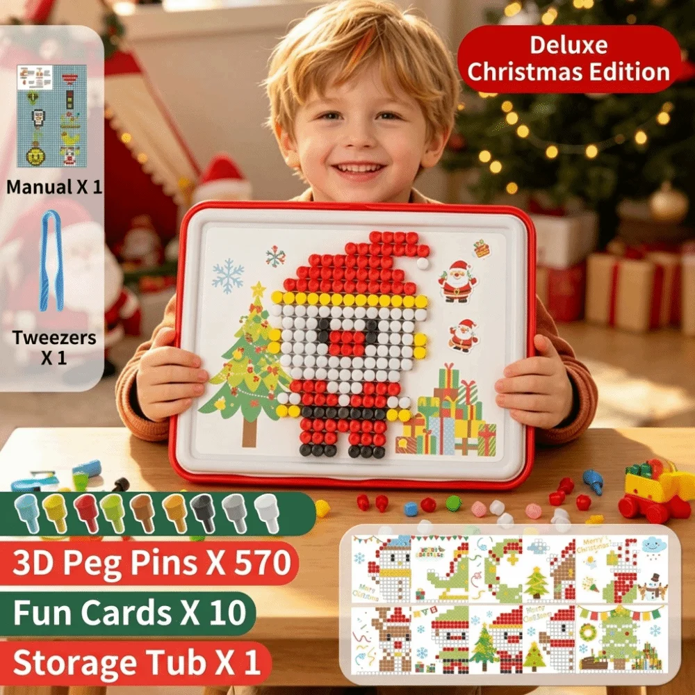 3D Pegboard Puzzle Set Mushroom Shaped Pegs Perforated Board DIY Peg Art Building Toy Focus Training Colorful Patterns
