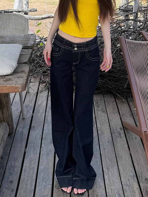 American Style Bell Bottom Denim Jeans Women's Large Size Design Sensation Spicy Girl Double Waist Buckle Straight Leg Pants