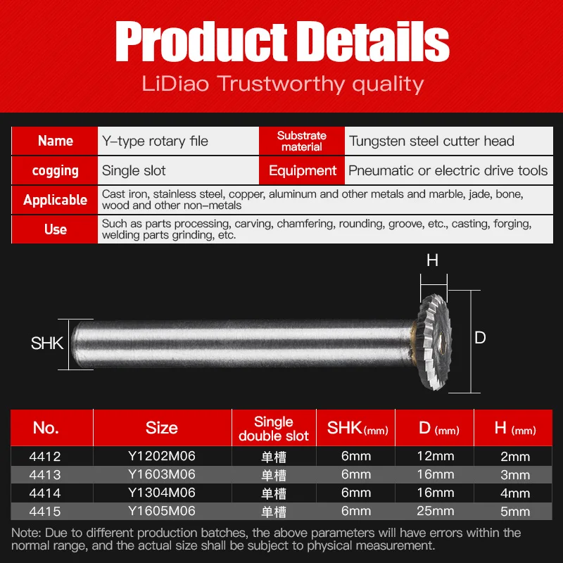 LIIDIAO Carbide Rotary File for Steel Grinding Head Milling Cutter Y Type 90 degree Disc 6mm Shank Single Groove Engraving Tool