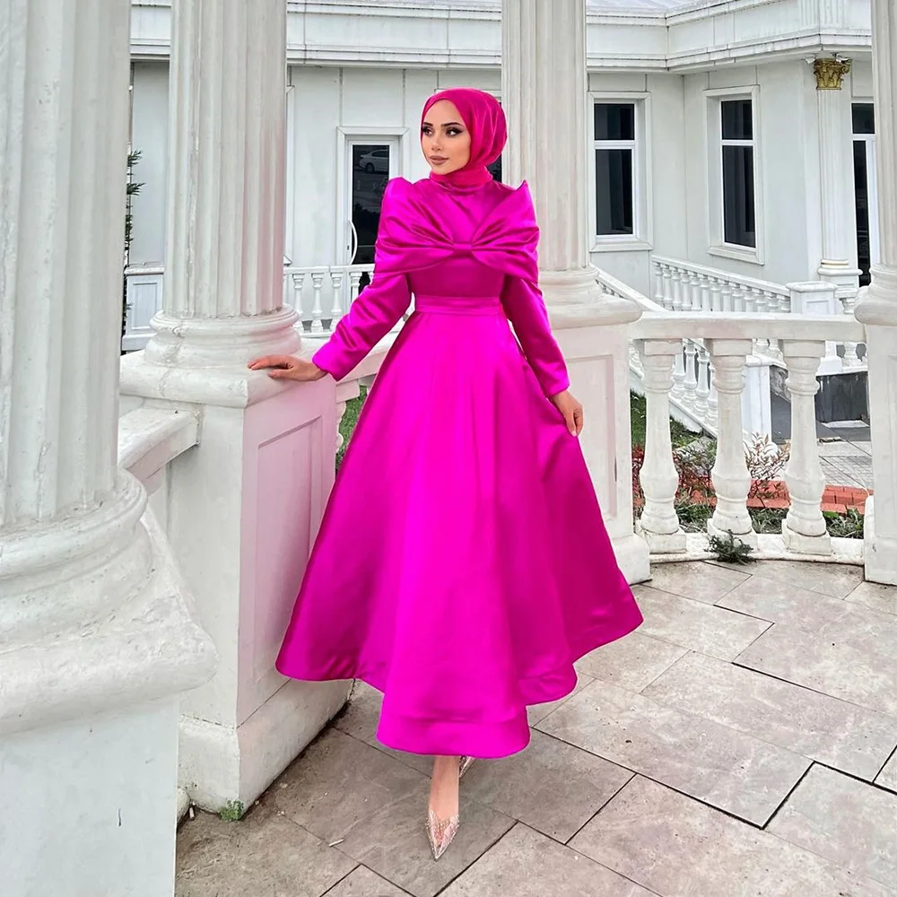 

Sevintage Modest Hot Pink Prom Dresses Long Sleeves High-Neck A-Line Arabic Muslim Evening Dress Turkish Engagement Party Gowns