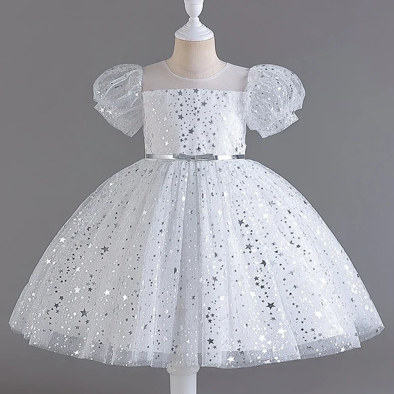 Children\'s Princess dress Metallic style personality printed belt puffy sleeve skirt gauze Peng party #M7603