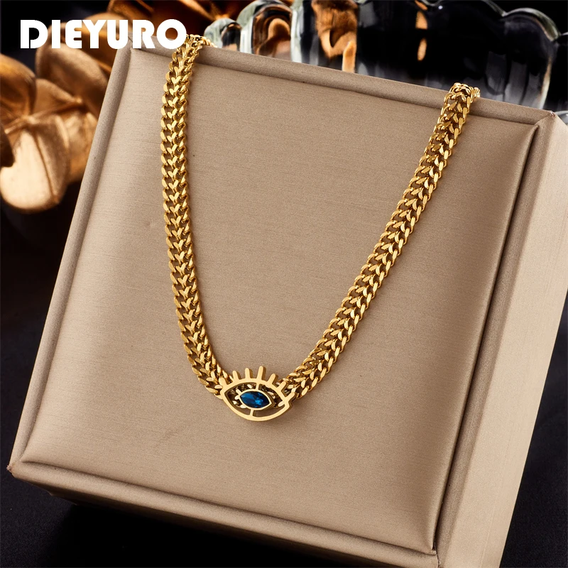 DIEYURO-collar de circonita azul con forma de ojo de acero inoxidable 316L para mujer, cadenas gruesas Vintage para niñas, joyería de fiesta, regalos, Bisutería