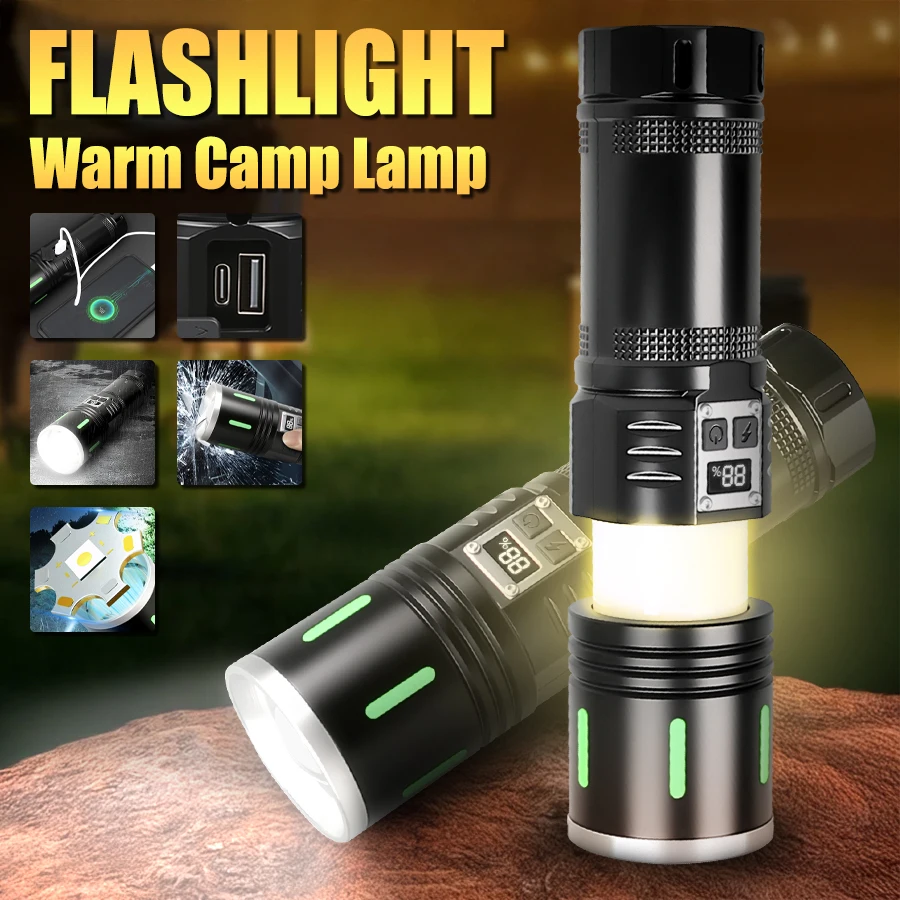 

Мощный фонарик 1000LM Zoom COB, атмосферная лампа для кемпинга, цифровой дисплей, длительный срок службы батареи, фонарик для рыбалки на открытом воздухе