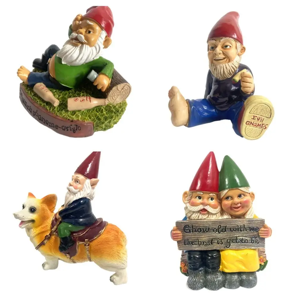 Funny Resin Garden Gnome Figurine Multicolor Couples Cartoon Dwarf Statue Naughty Gnome Riding Dog Lawn Ornament Sculpture