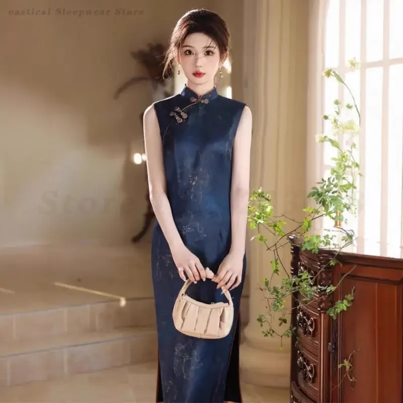 Women Elegant Long Qipao Dress Sleeveless Dark Blue Gold Floral Pattern Frog Button Mandarin Collar Chinese  Sexy Split Vestidos