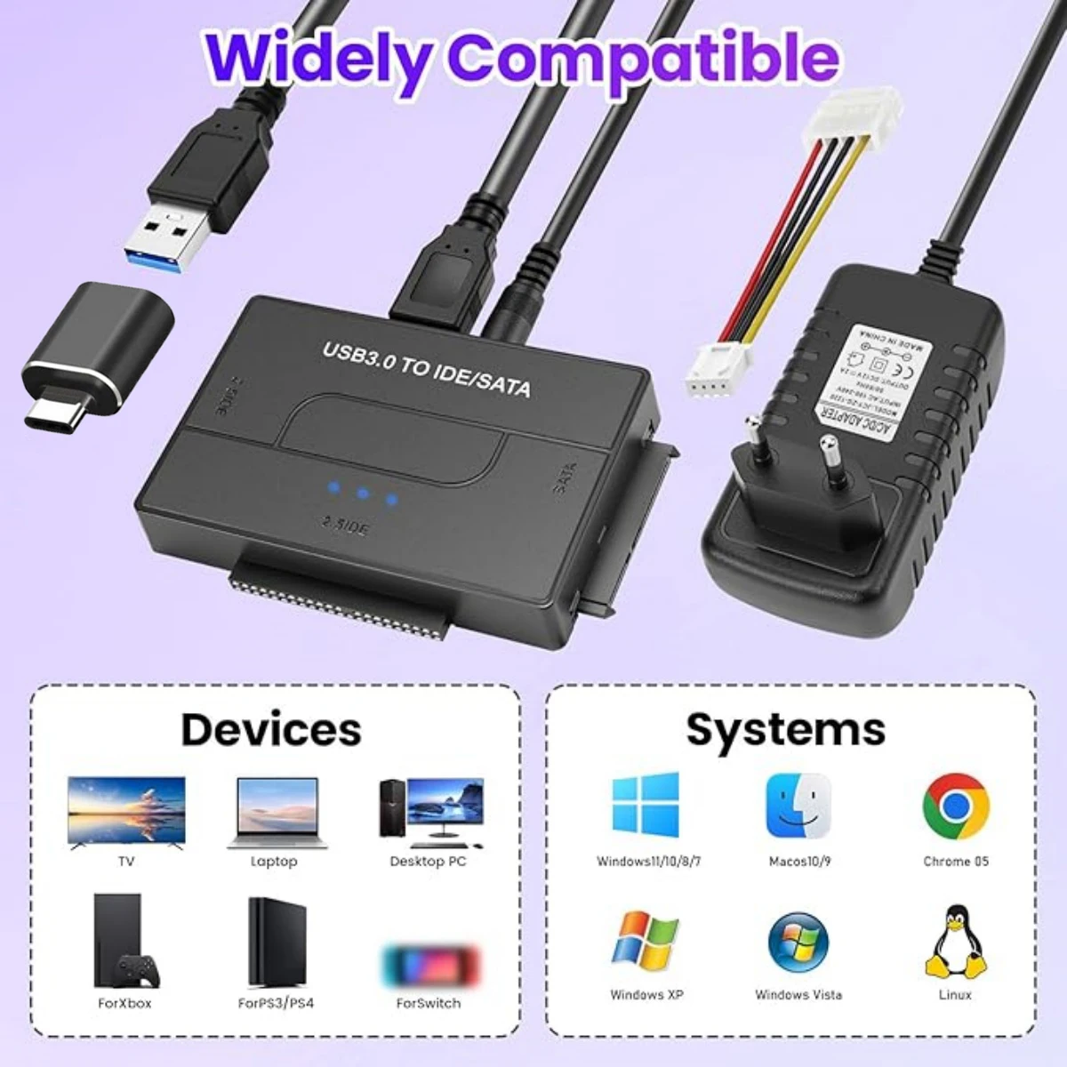 USB 3.0 to IDE and SATA Adapter, Universal External Hard Drive Adapter 2.5 or 3.5