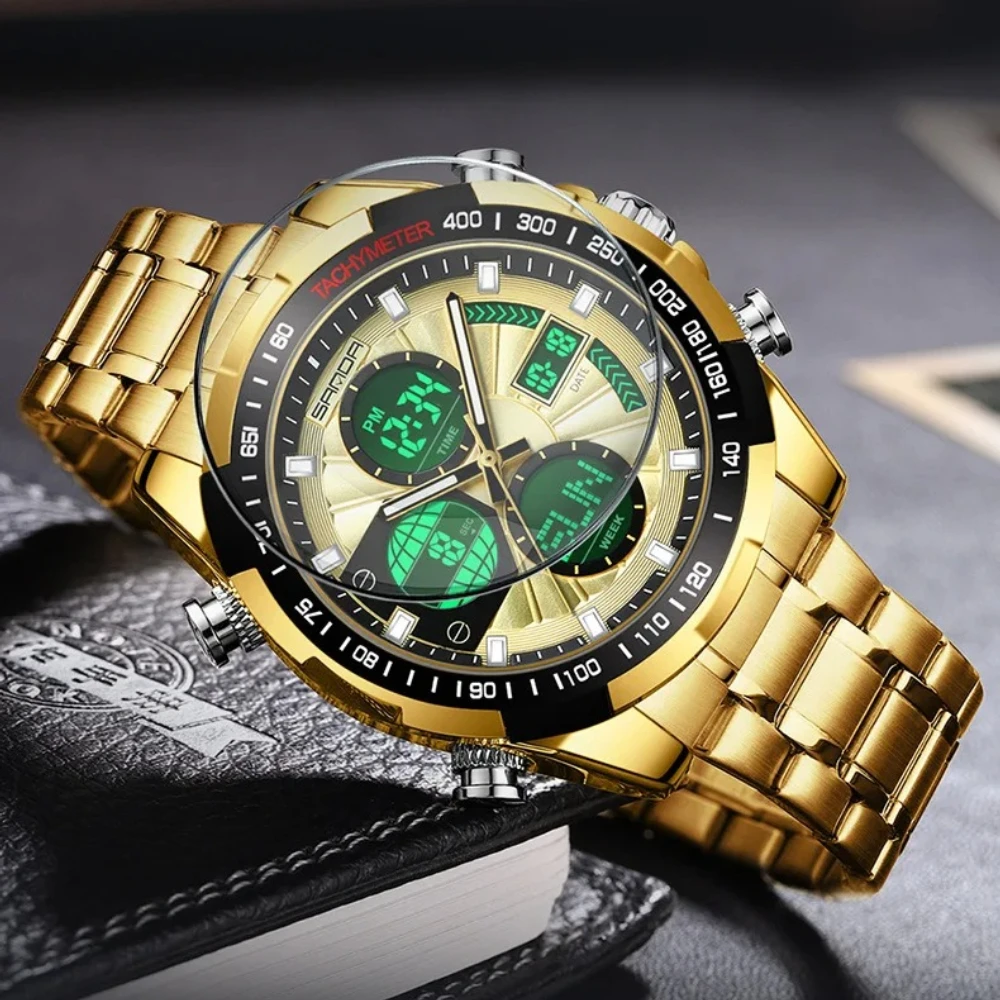 SANDA 5105 Men relógios Steel Strip Dual display Electronic Quartz Mens Watch Multi Functional Sport Waterproof Calendar Watches