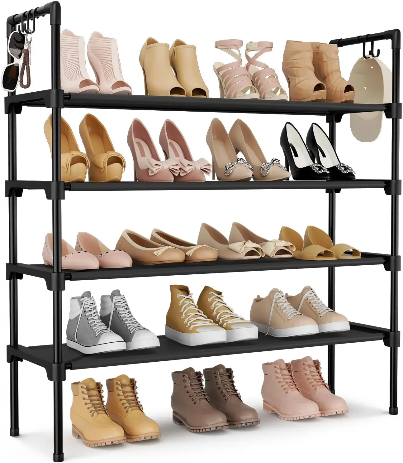 

4-Tier Stackable Shoe Rack with 5 Hooks, Black Long Shelf Storage for Closet, Entryway, Garage, Dorm