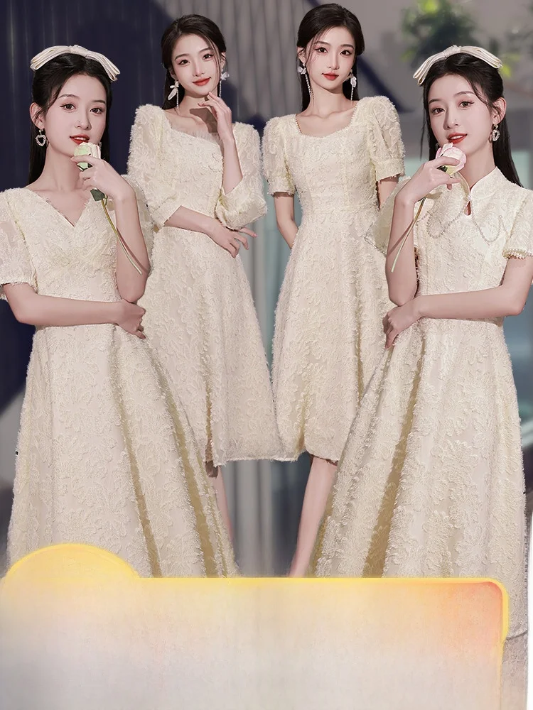 

Champagne Colored Chinese Sle Maids Dr Mid-Length Vintage up Sister's Wedding Gown ort Sve Versatile Everyday Wear