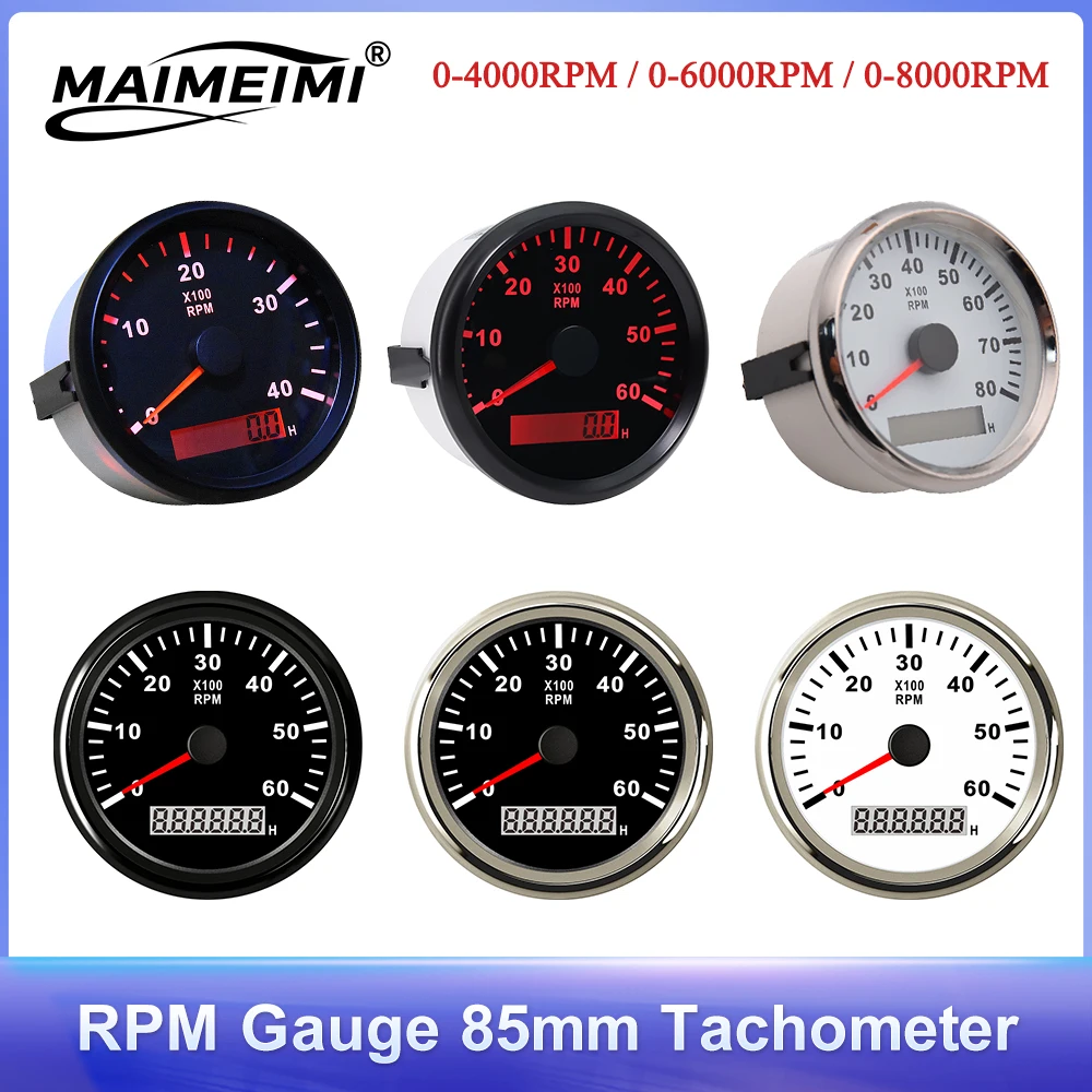 

85 мм тахометр для яхт со светодиодным цифровым счетчиком часов для морского подвесного грузовика, автомобиля, лодки 0-4000/0-6000/0-8000 счетчик об/мин 12 В/24 В