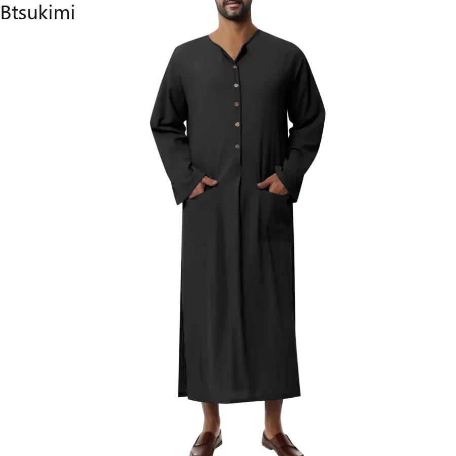 ใหม่ 2024 ชายมุสลิมแขนยาว Robe มุสลิม Jubba Thobe Casual Kaftan ปุ่มปิดสีทึบ Slit อาหรับเสื้อผ้าสําหรับชาย