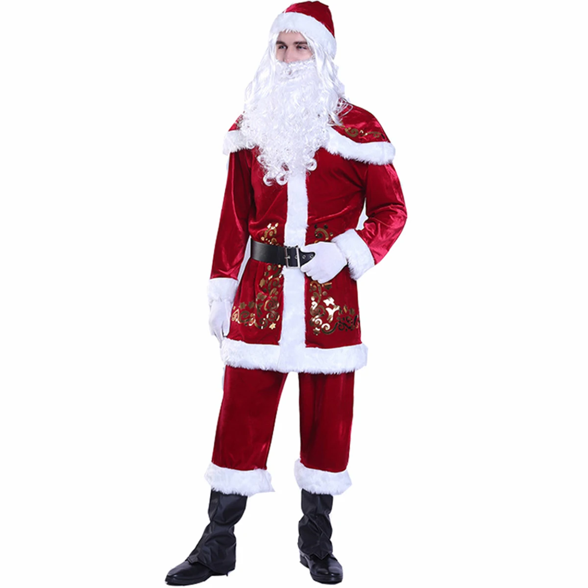 Conjunto de disfraz de Papá Noel, sombrero, chal, camiseta superior, pantalones sueltos, zapatos, guantes y cinturón, traje de Papá Noel de terciopelo de lujo para adultos/niños