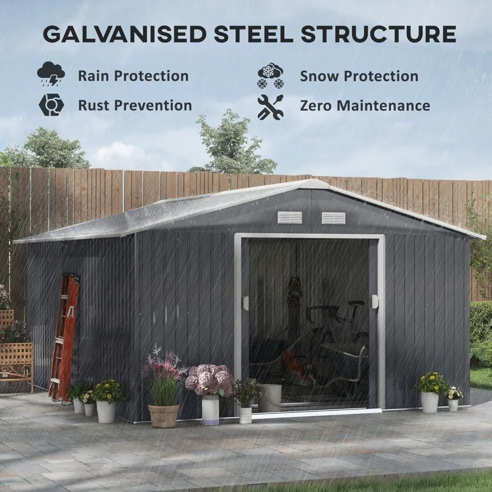 11' x 13' Outdoor Storage Shed, Garden Tool House with Foundation Kit, 4 Vents and 2 Easy Sliding Doors for Backyard,Dark Gray