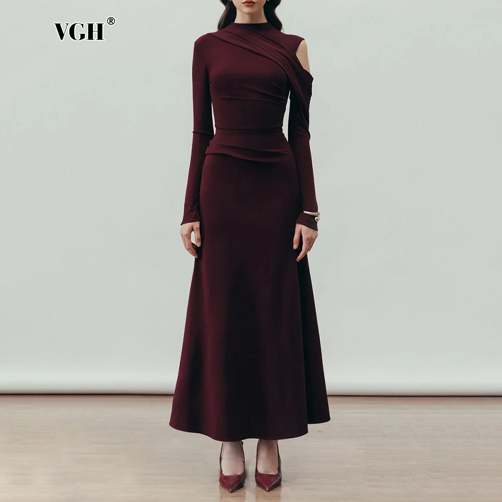 

VGH Elegant Folds Hollow Out Slimming Dresses for Women Round Neck Long Sleeve High Waist Temperament Solid Long Dress Female