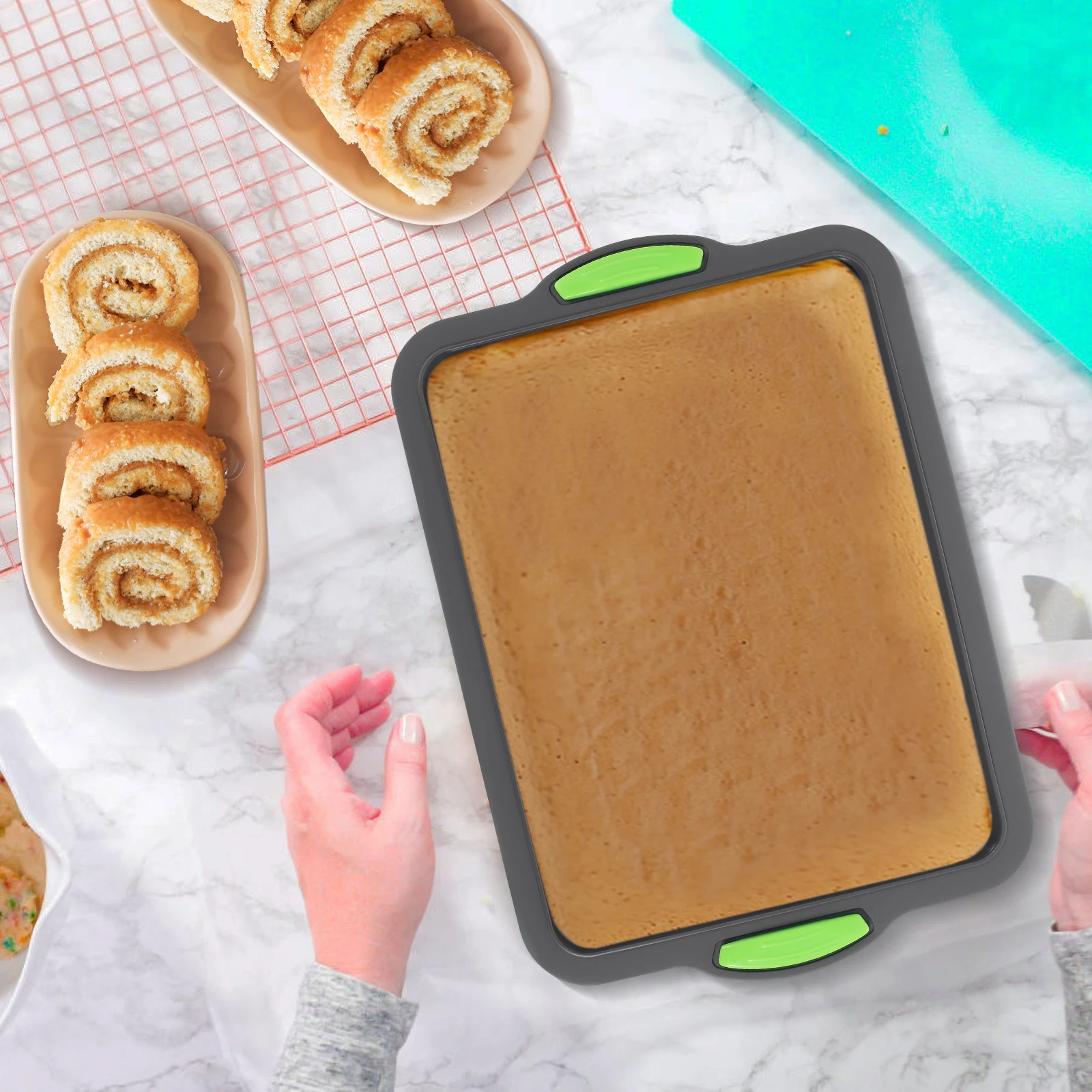 

Silicone Cake Roll Mold Rectangular Pan Heat Resistant Non Stick Oven Baking Tray Green Handle Deep Gray Color Portable Easy