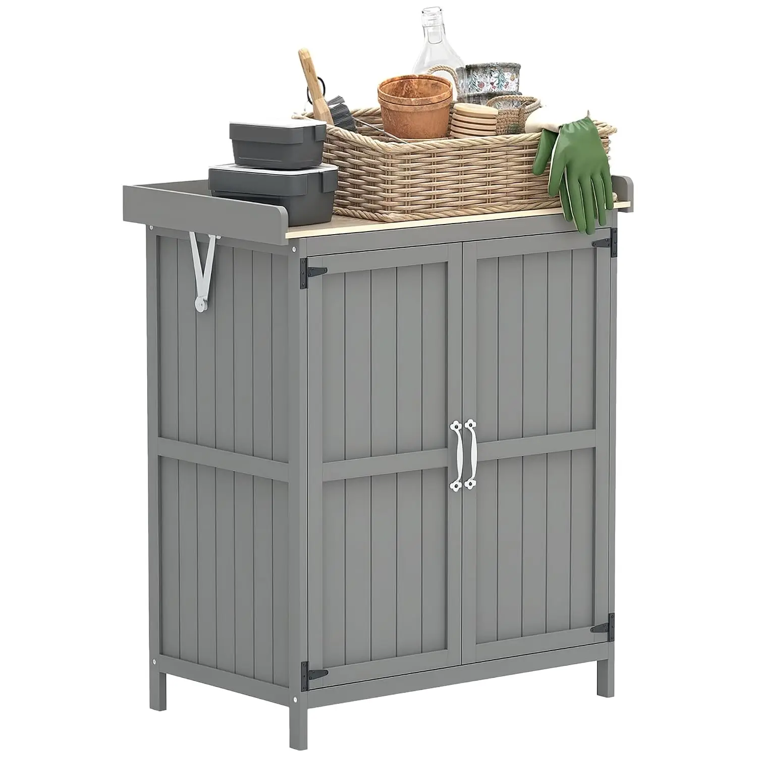 Outdoor Storage Cabinet with Metal Tabletop Shelf Gray
