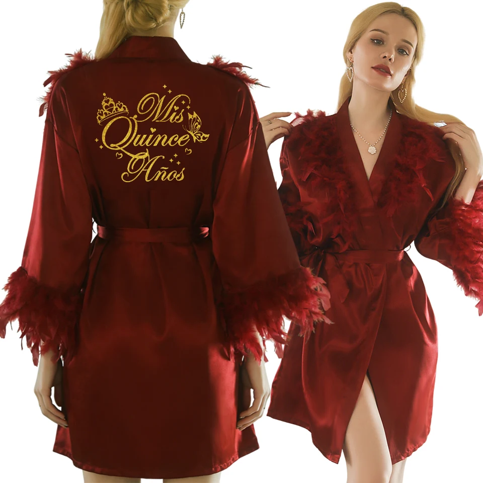 

Feather Mis Quince Años Quinceanera Robe Traditional Latin Party Dress for Girls 15th Birthday Celebration