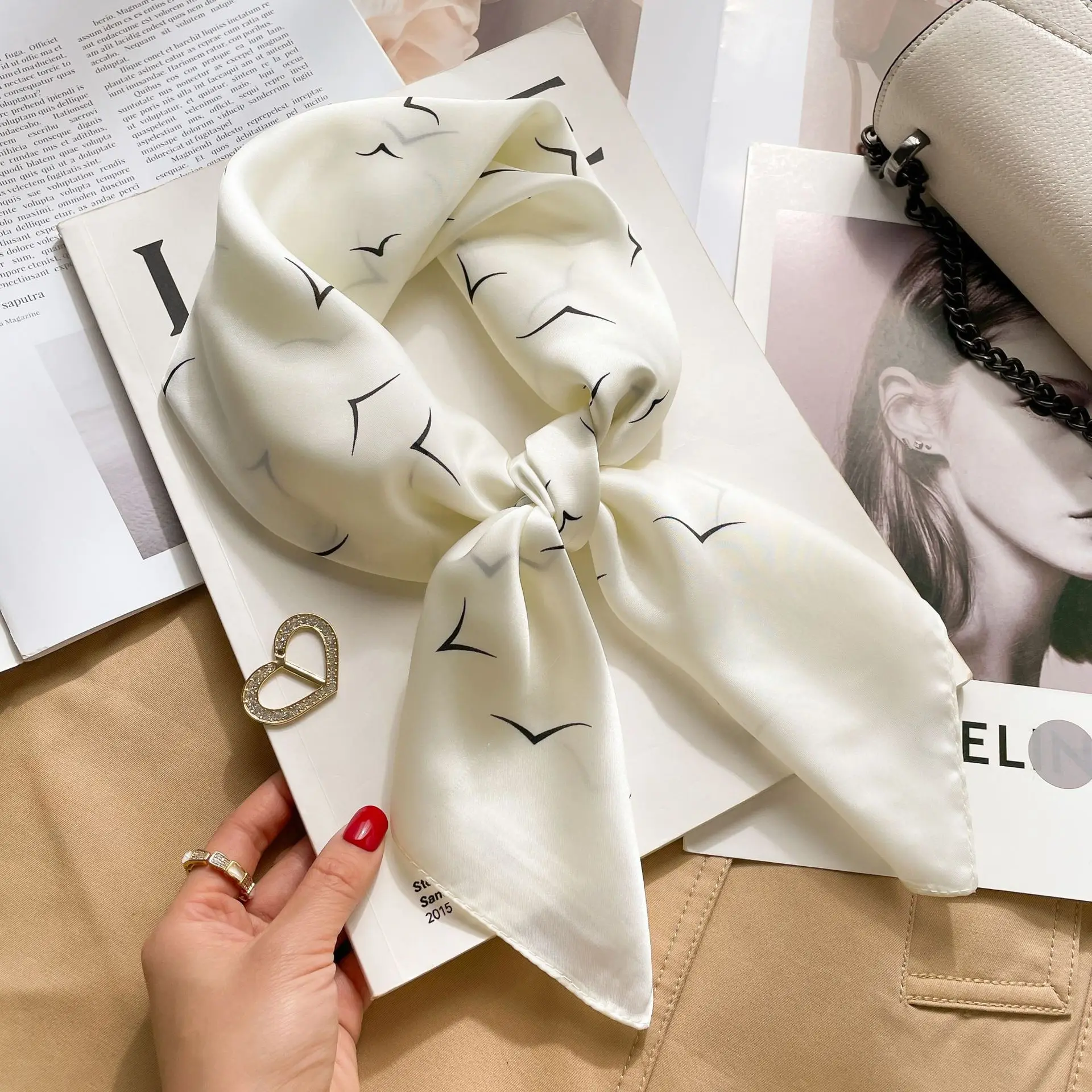 High Quality Black White Silk Scarf Neckerchief Women's Silk Square Scarf Purse Luxury Scarf for Women Designer Silk Headscarf image 4