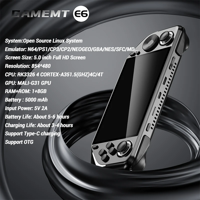 Consola de juegos portátil, sistema Linux E6 de código abierto, RK3326, compatible con PSP/PS1, pantalla HD de 5 pulgadas