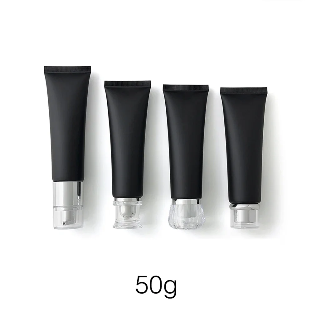 Garrafa de plástico preto fosco 50g, 50ml, recipientes cosméticos recarregáveis, creme corporal vazio, loção, uso em viagem, tubo macio