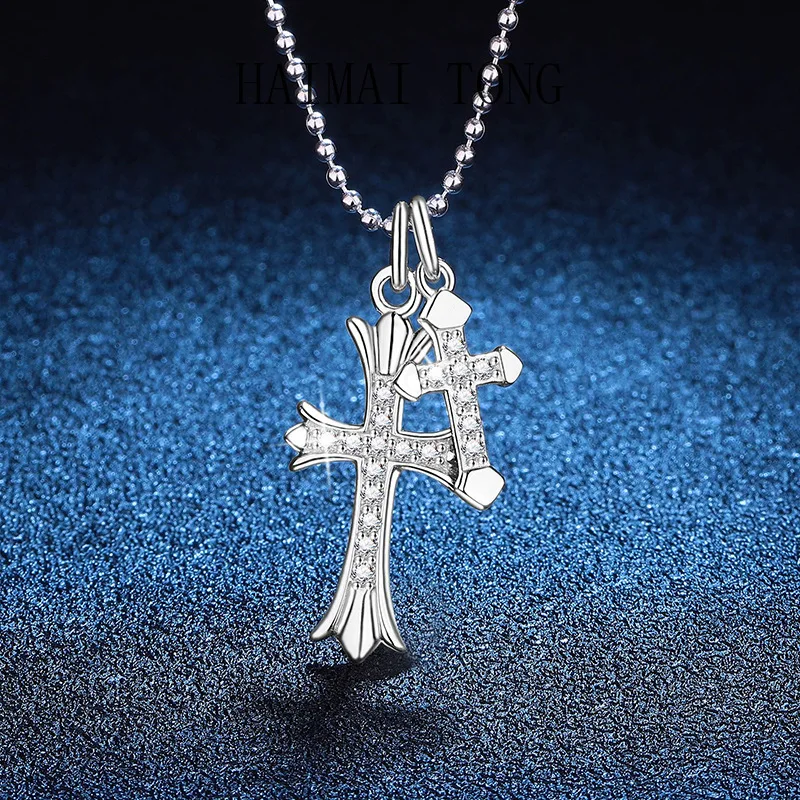 

HAIMAITONG PT950 Platinum Necklace moissanite pendant, hip hop Korean version of cross collarbone chain D color moissanite neckl