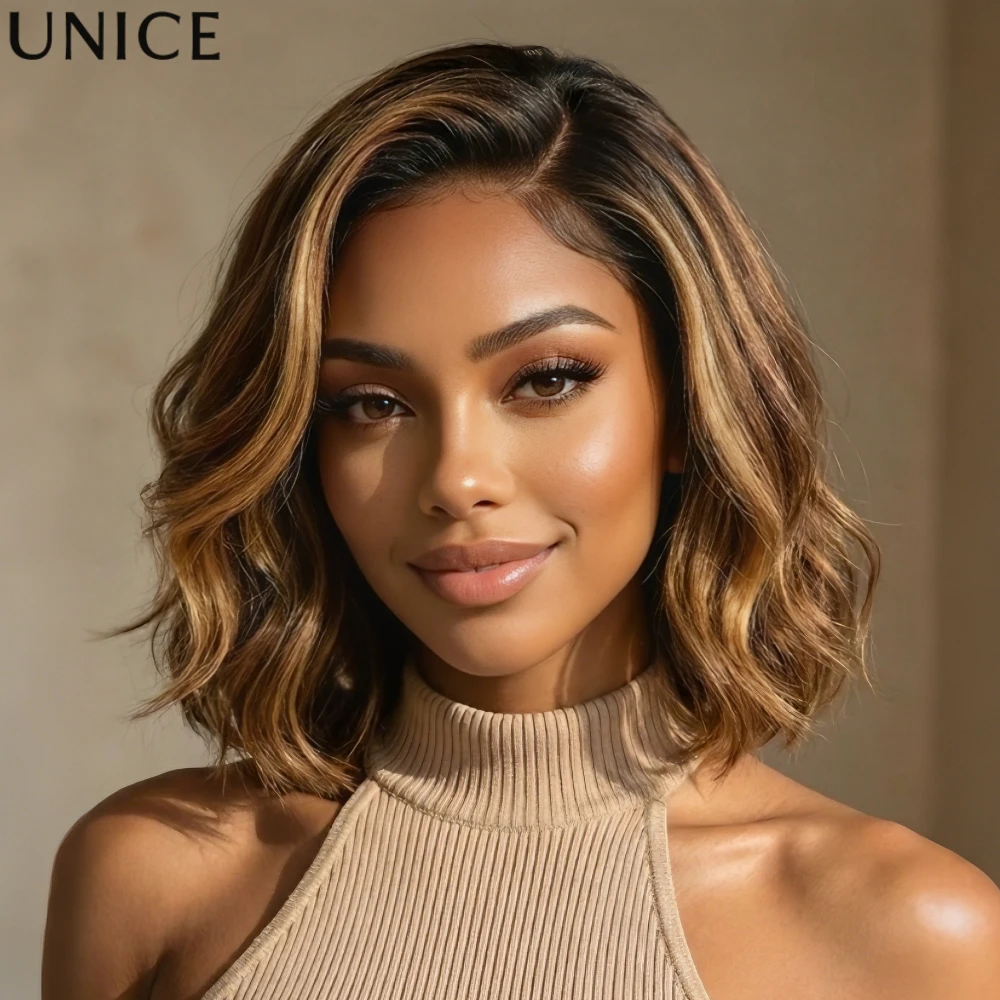 UNice 13x4 Pre-Everything™ Lace Frontal Brown With Honey Blonde Face-Framing Highlights Wavy Bob Glueless Wig With Drawstring