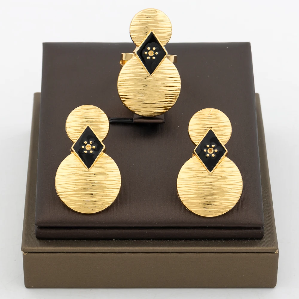 YM Modische Ohrringe, Schmuck für Frauen, 18 Karat vergoldet, Clip-Ohrringe und Fingerring, Party-Geschenk für afrikanisches Dubai, Kupfer-Schmuckset 3