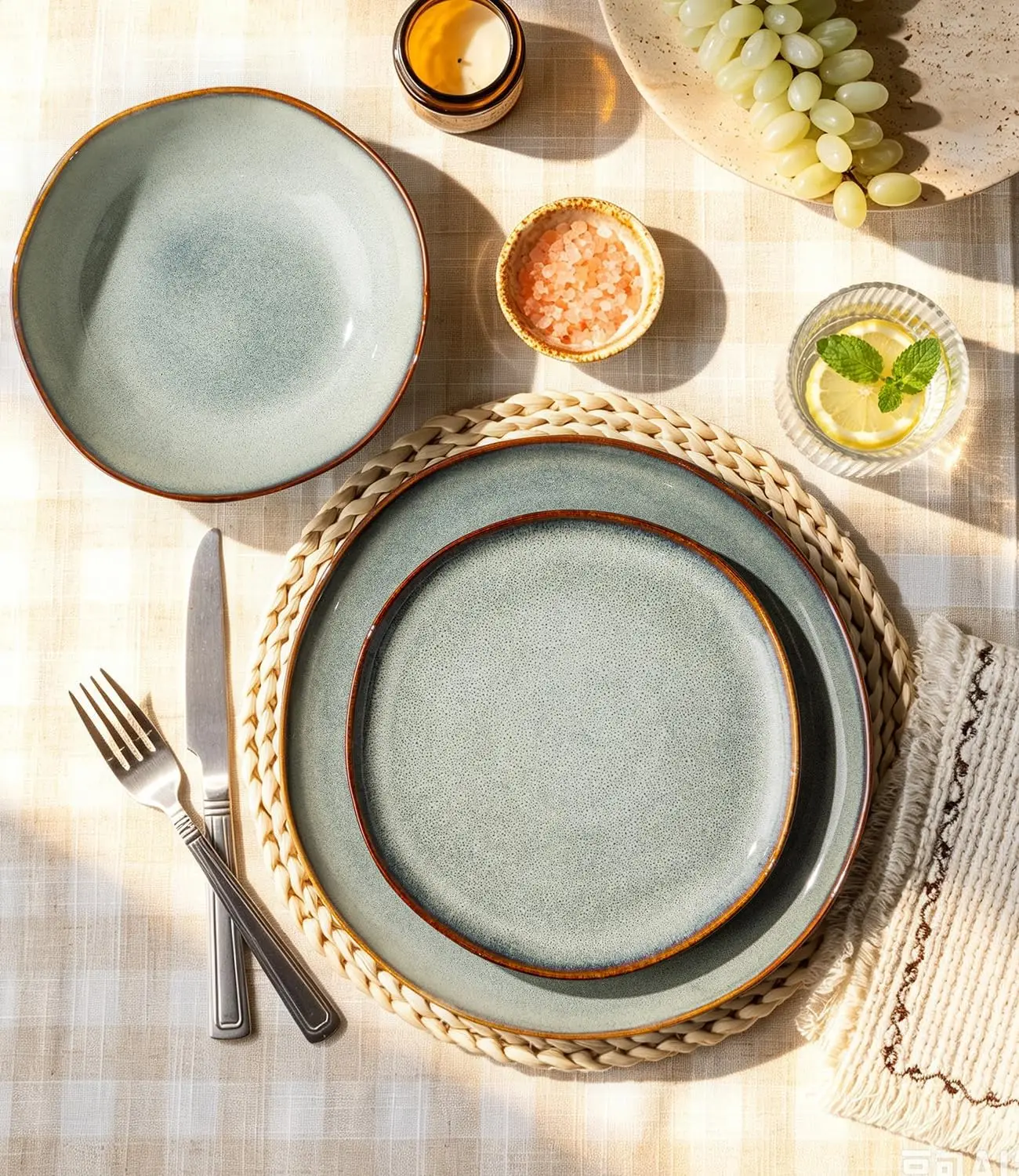 Stoneware Dinnerware Sets for 8,24 Piece Rustic Plates and Bowls Set | Earthenware Handmade Reactive Glaze Plate Sets, Chip Resi view 2