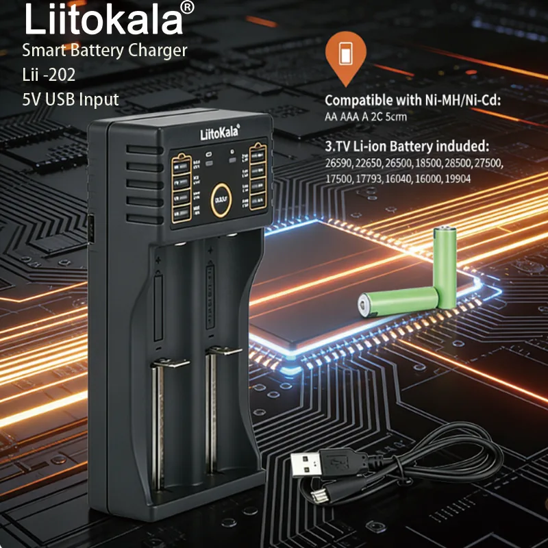 LiitoKala Lii-202 Dual Slot AC Charger for 14500 14650 16650 Rechargeable Lithium Batteries Universal 110V-220V Voltage