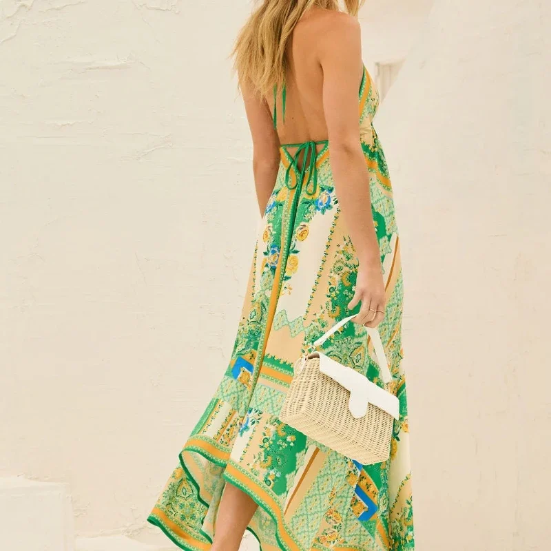 Boho Floral Print Halter V-คอชุดแม็กซี่เปลือยสําหรับผู้หญิง – เอวสูงไม่สม่ําเสมอ Hem ชุดชายหาดฤดูร้อนพร้อมสายรัดเอว