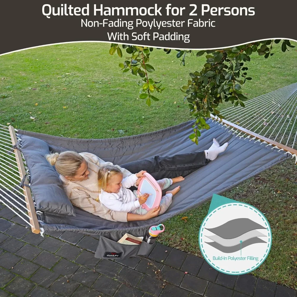 Double Quilted Fabric Hammock with Hardwood Spreader Bars and Pillow, 450 LBS Capacity, Outdoor Indoor 2 Person Large Hammock