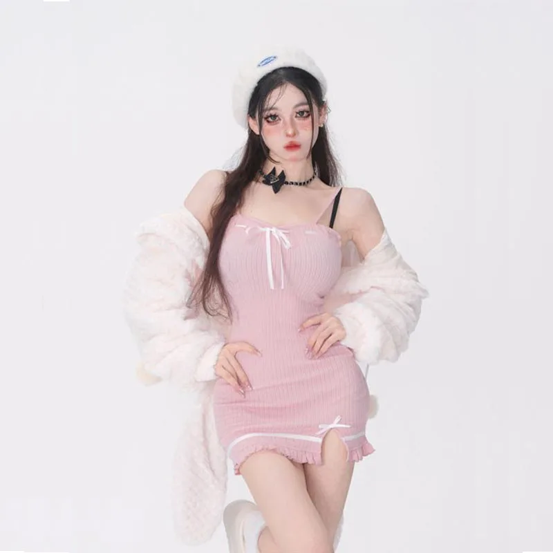 Sweater Dresses Korean Two Piece Set Women Sweet Mini Dress Suit Rabbit Ear Long Sleeve Coat + Female Knitted Slip Dress 2023