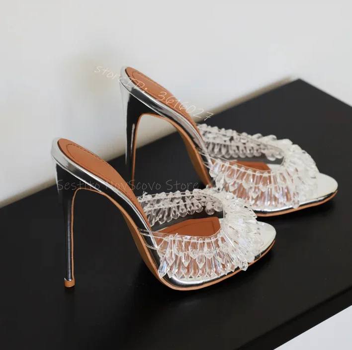 Clear Chandelier Peep Toe Mules 12Cm Stiletto Heels Slip On Summer Sexy Women Slippers Pvc Upper Crystal Dress Party Sandals