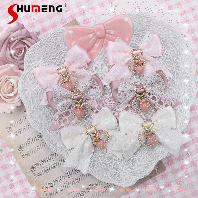 Lolita Sweet Hair Clips for Women Cute Lace Edge Handmade Original Kawaii Strawberry Love Pearl Pendant Bow Barrettes Accesorios