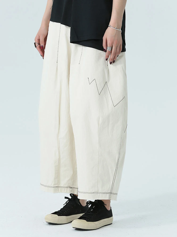 [EAM] High Elastic Waist Beige Topstitched Long Wide Leg  Pants New Trousers Women Fashion Tide Spring Autumn 2024  1DH4948