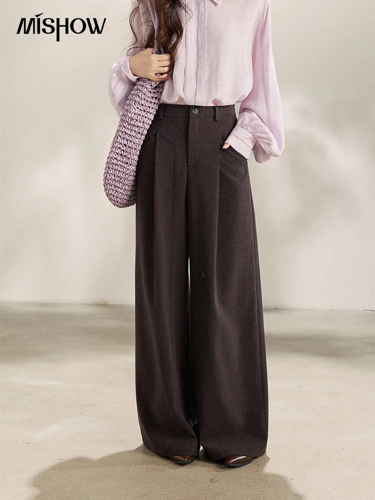 

MISHOW Women's Dark Purple Wide Leg Pants 2026 Spring High Waist Pleated Pants Back Elastic Waist Casual Trousers MXF13K1204