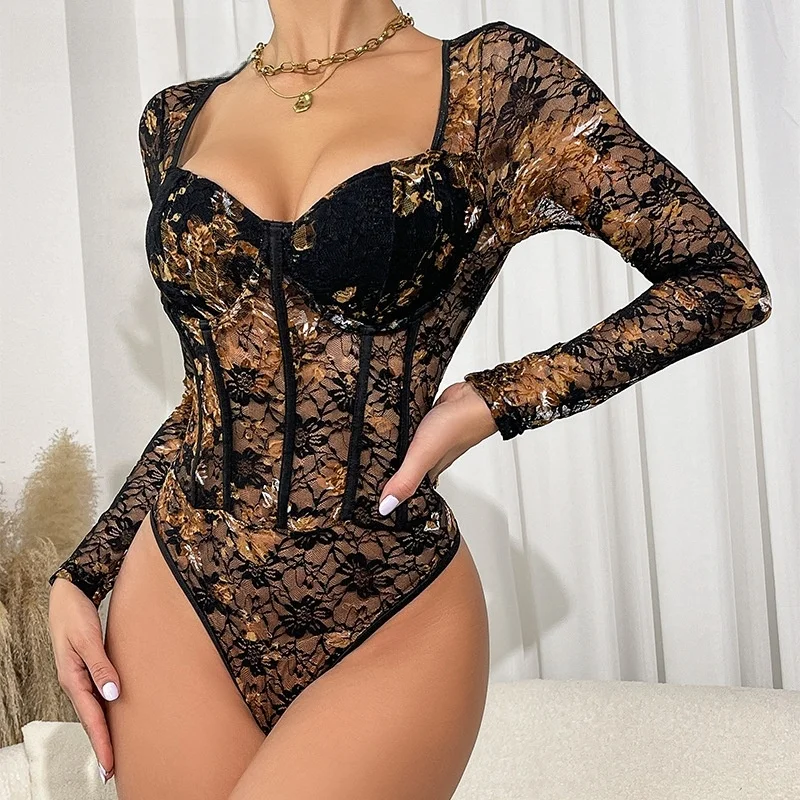 

Lace Long Sve Jumpsuit Tight Fit Bodysuit See tough Me Sexy Versatile Slimming Women's Suit Commute Sle Hi...