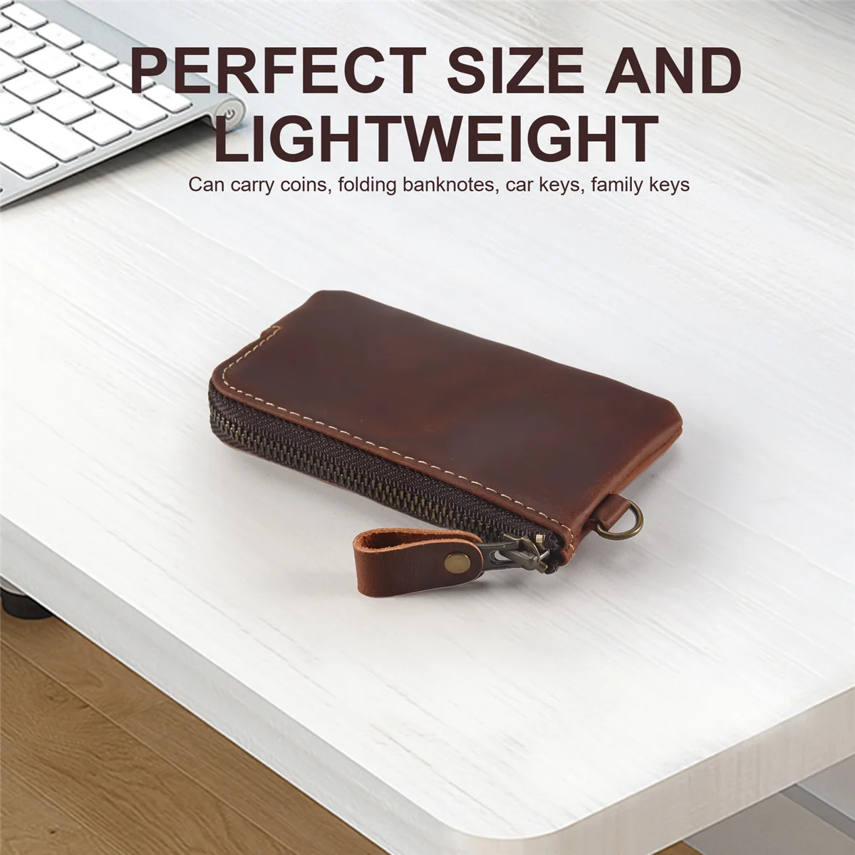 FZFZ Cartera para llaves de cuero genuino para hombre, soporte para bolsa de ama de llaves con cremallera, monedero con llavero Crazy Horse