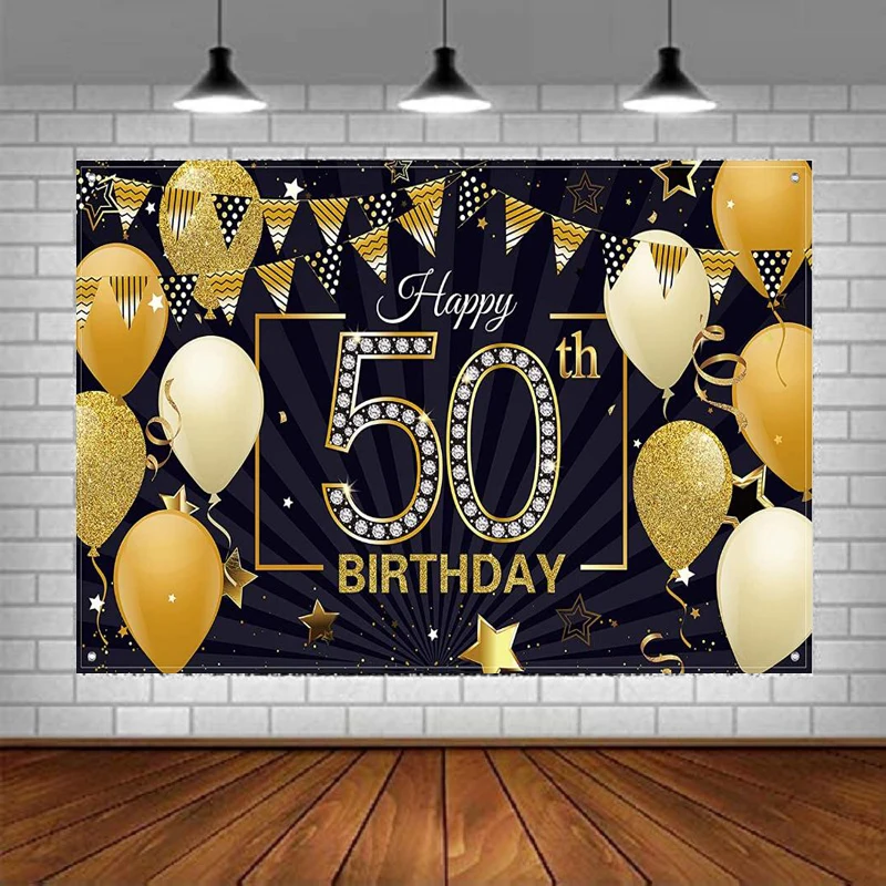 

Happy 50th Birthdayn Party Photography Banner Backdrop Black Gold Photo for Men Women Decorations