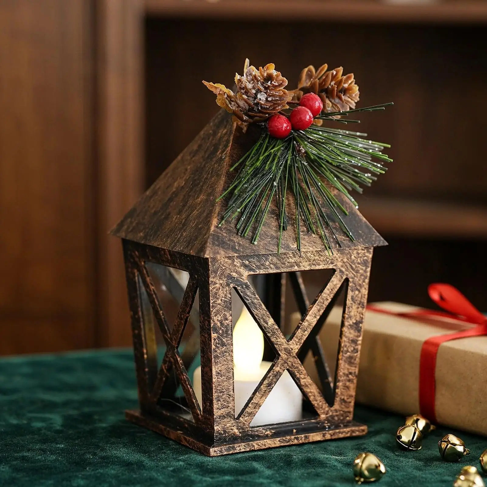 Christmas LED Lanterns Holiday Home Decor With Red Berries Pine Cones Christmas Lantern LED Candle Glow For Coffee Table