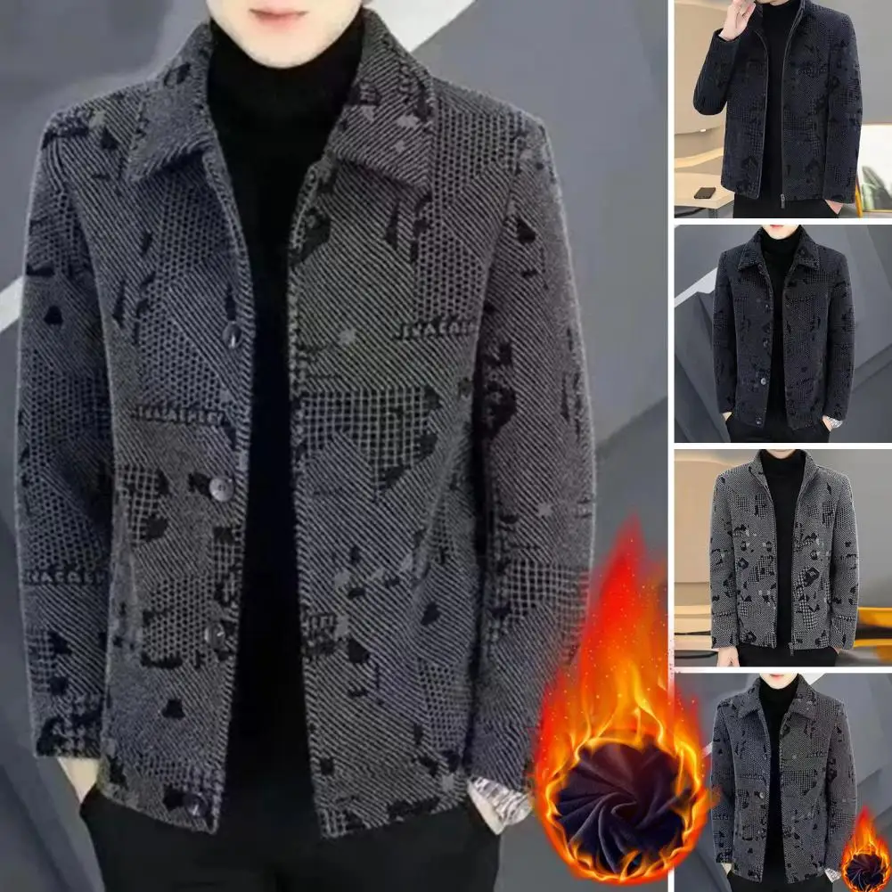 

Men Woolen Coat Fleece Lined Jacket Cozy Fleece-lined Woolen Coat with Lapel Collar Zipper Placket for Men Thick Warm for Winter