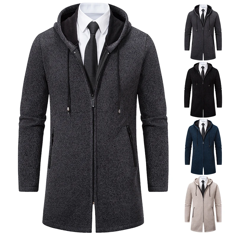 

Male Knit Trench Coat Long Zipper Cardigan Winter Autumn New Sweater Long Jackets Korean Men's Luxury Parkas Hooded Overcoat
