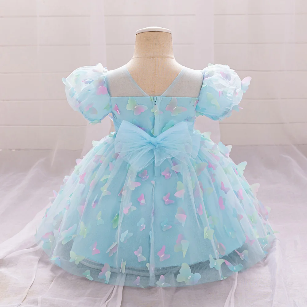 Toddler Girls Summer Party Dresses 3D Butterfly Puff Sleeve Infant Baby 1Year Birthday Gown Baby Girl Wedding Evening Vestidos